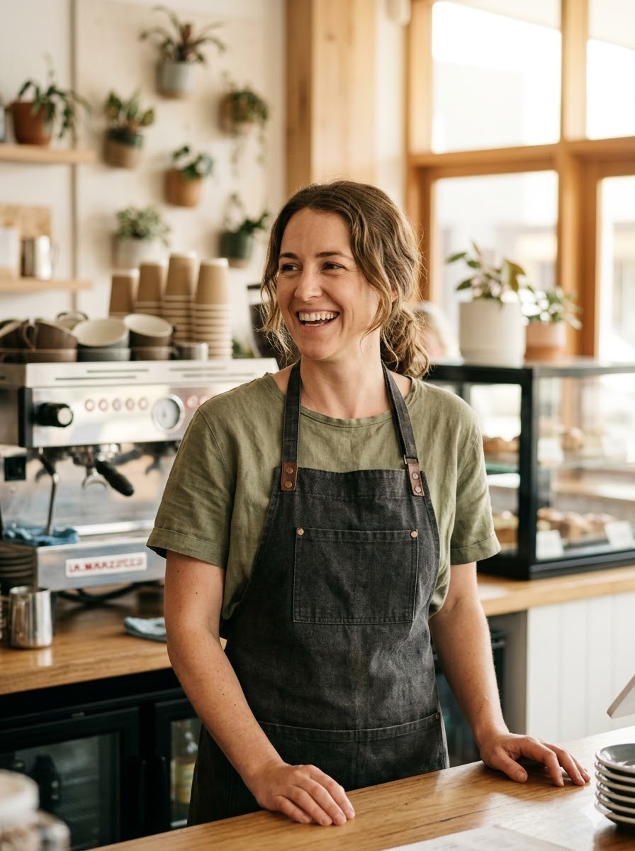 Small business owner smiling in her cafe